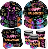 Halloween Partygeschirr Set 50 StüCk Neonfarben Pappteller Pappbecher FüR 10