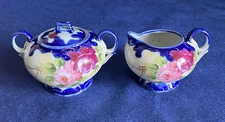 Antique Nippon Creamer & Lidded Sugar Bowl Hand Painted Cobalt Blue & Roses