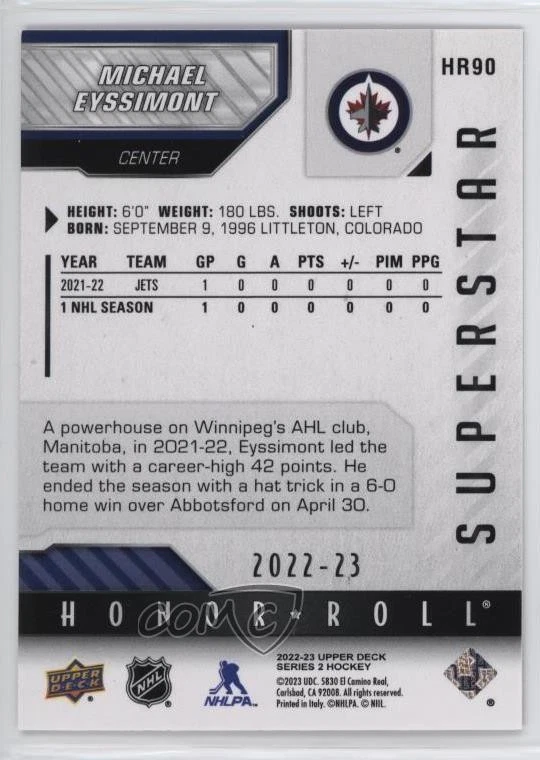 2022-23 Upper Deck Series 2 Honor Roll Red Rainbow Michael Eyssimont Rookie RC - Image 2 of 2