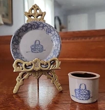 Vintage Miniature Salt Glazed Pottery Stoneware Basket Crock & Plate Flawless