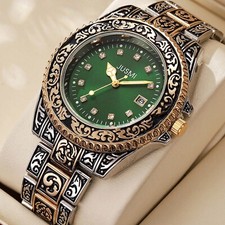 Men's Fashion Stainless Steel Quartz Watch Green Dial Date Fashion Metal Band