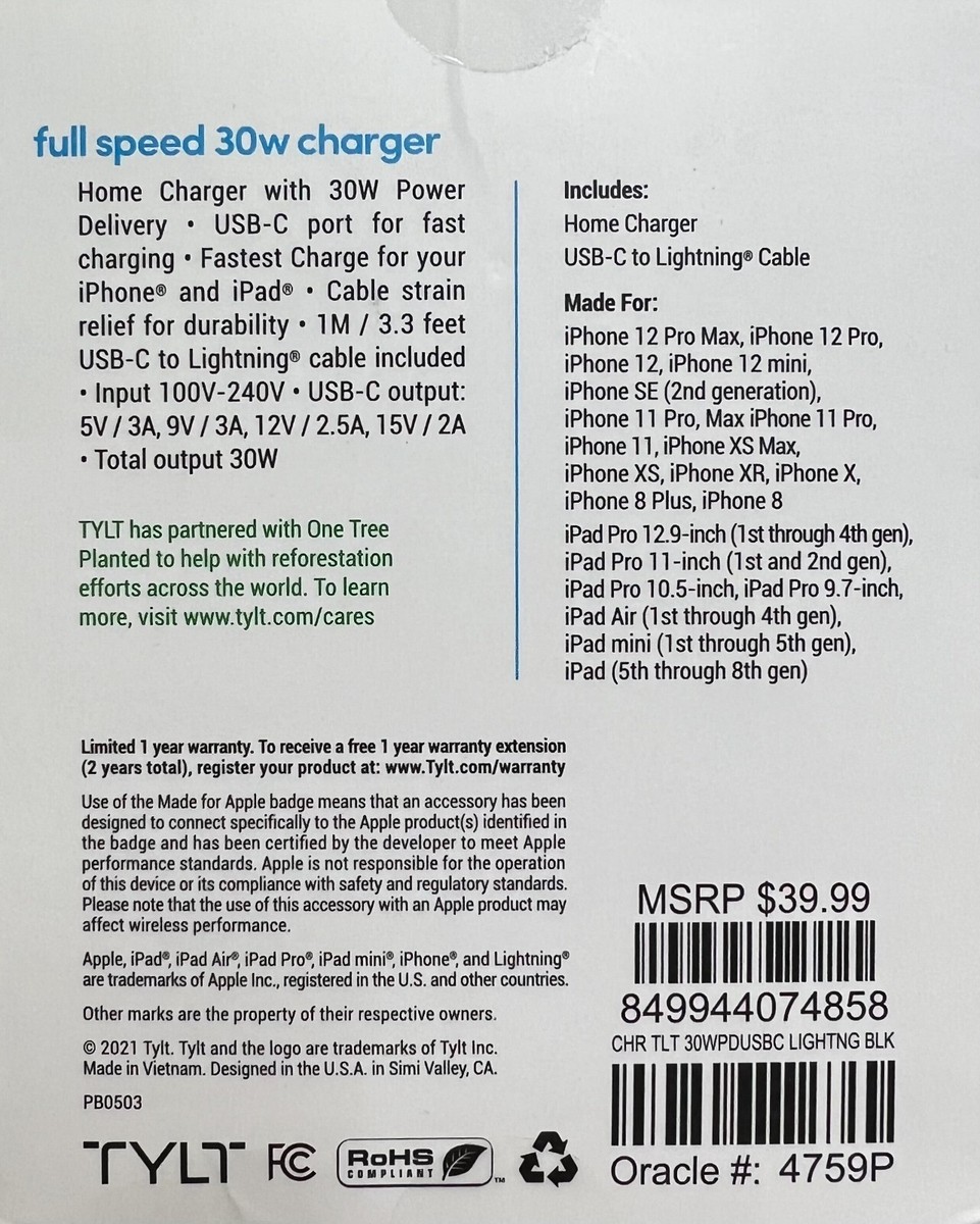 TYLT 30W USB-C Power Delivery Charger with Lightning Cable Black