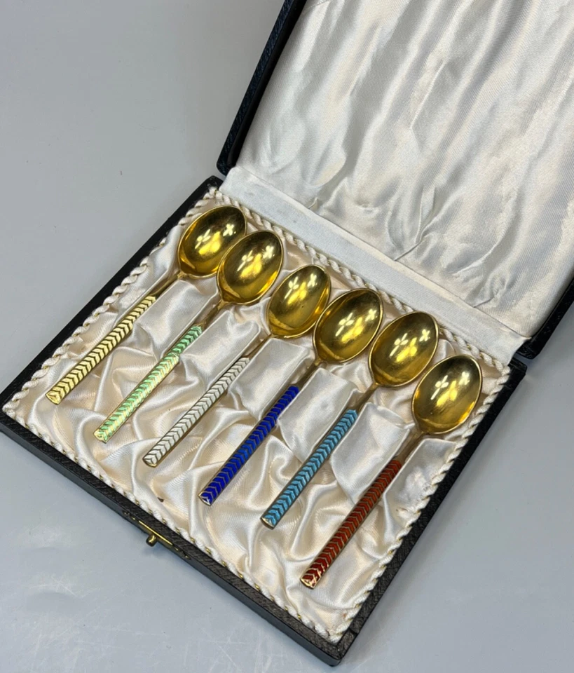 VTG MEKA Denmark Sterling Silver Demitasse Coffee Spoons Set Guilloche Enamel - Image 2 of 4
