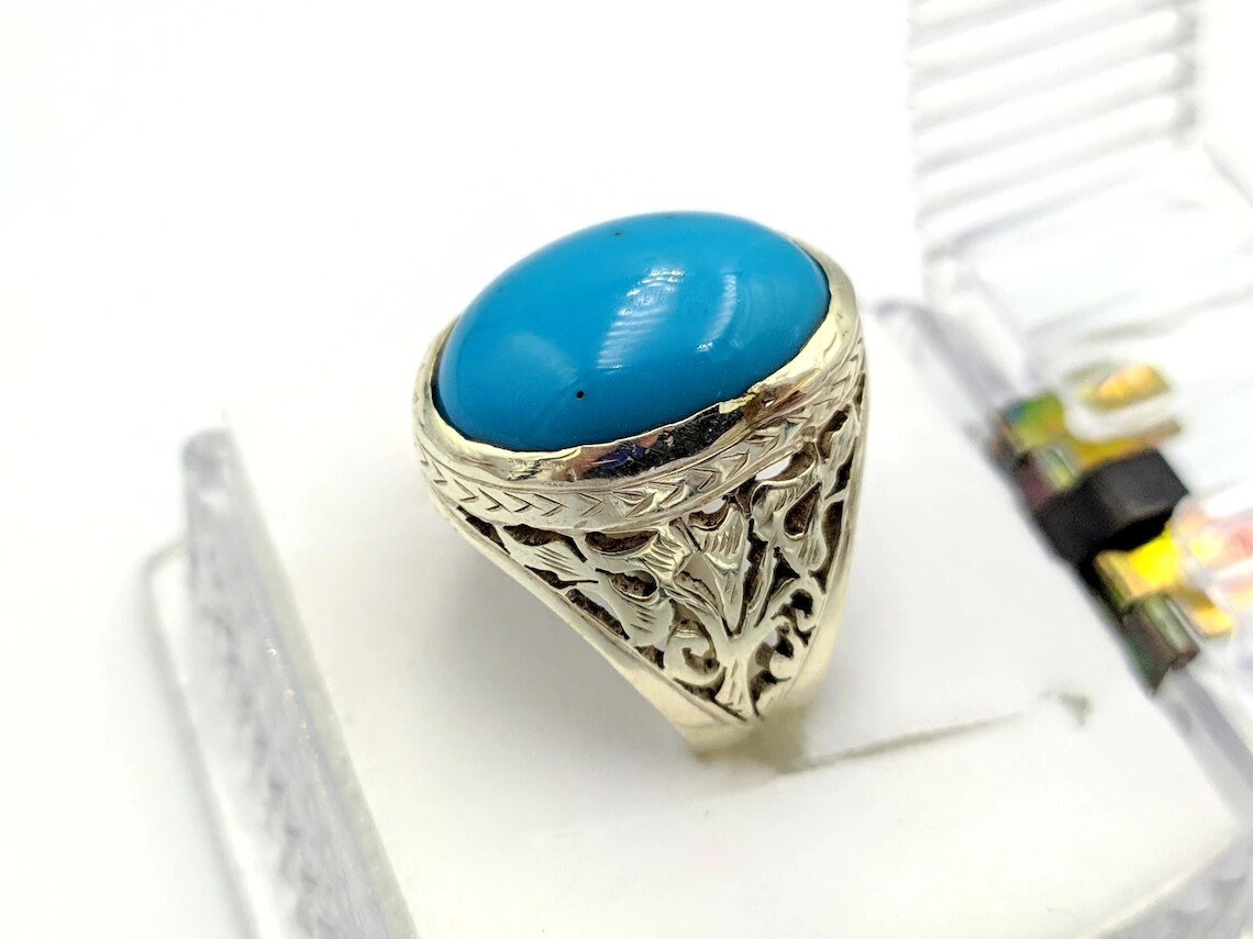 Turquoise Mens Ring 925 Sterling Silver Feroza Handmade Rings Size 9 ...