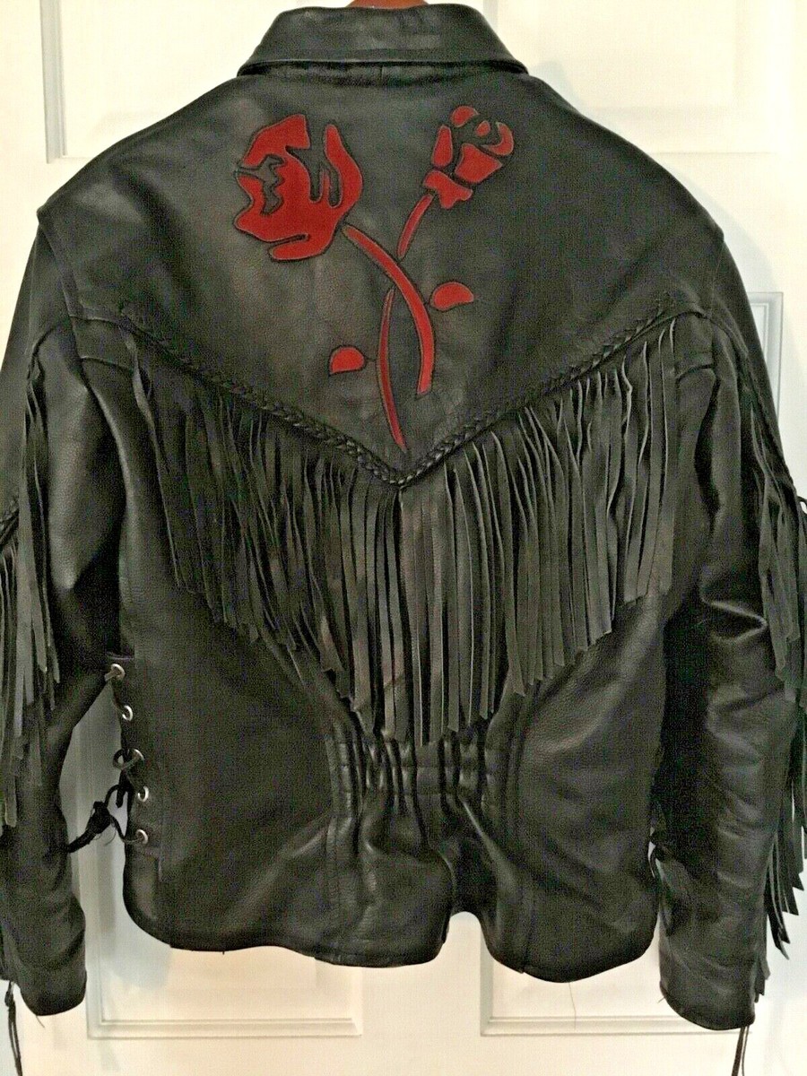 ジャケット・アウター vintage rose design fringe leatherjacket Vintage Rose Fringe Leather Jacket Black and Purple Medium