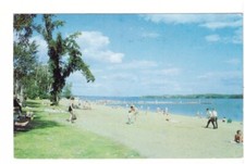 Beach Scene, Greetings From Aylmer, Ontario, Vintage 1986 Chrome Postcard