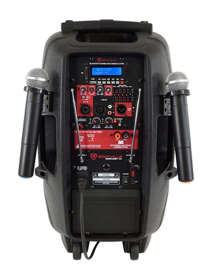 Rockville RAM12BT 12"Rechargeable Powered 600W PA Speaker+2 Mics+Bluetooth+Stand - Image 3 of 4