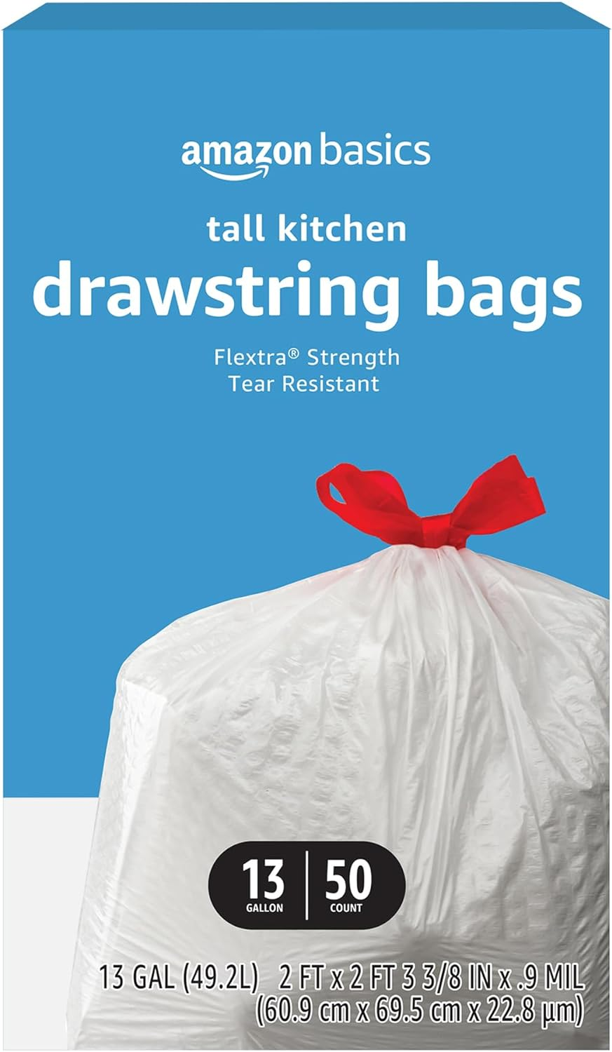 Flextra Tall Kitchen Drawstring Trash Bags, 13 Gallon, Unscented, 50 Count, Pack