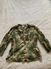 Charter Club Women Size 14 Henley Neck Green Floral 3/4 Sleeve Blouse (C2)