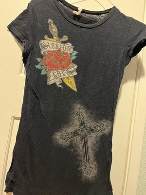 LEMON TART CRYSTAL DETAIL~PASSION LOVE& CROSS&ROSE FADE BLK COTTON SHIRT TOP NWT