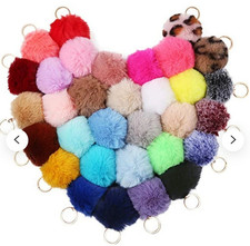 Faux Fur Pom Pom Keychain Key Ring Bag Charm, Multicolor, 3.5 in, 8 Random Mix