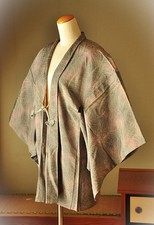 Vintage Japanese Kimono Haori Jacket Silk Gray Rose-Pink Gradient Grass Pattern