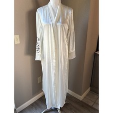 Jones New York Ivory Satin Long Robe Floral Embroidered Cuff Womens Size S/M
