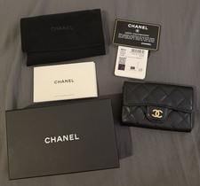 CHANEL Caviar Quilted Flap Card Holder Wallet Black Gold CC