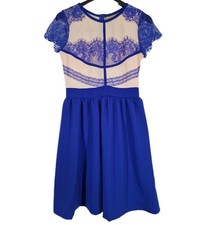 Evita Gold Blue Beige Lace Evening Party Dress UK 10 Sheer Short Sleeve