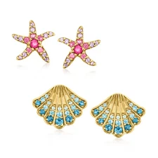 Ross-Simons Multi-Gmstn Set: 2 Pairs of Sea Life Earrings in 18k Gold Plate
