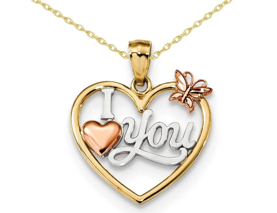Collar colgante I Love You corazón con mariposa en oro amarillo y rosa de 14K