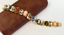 Victorian Revival Cameo Enamel Flower Faux Stone Cab Bracelet Gold Tone 7in Adj