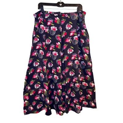 Koret Womens 18W Navy Floral Red & Pink Rayon Midi Skirt Elastic Back 2964885