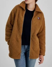 Tommy Hilfiger Women's Brown Quilted Logo Unlined Sherpa Car Coat Size XL