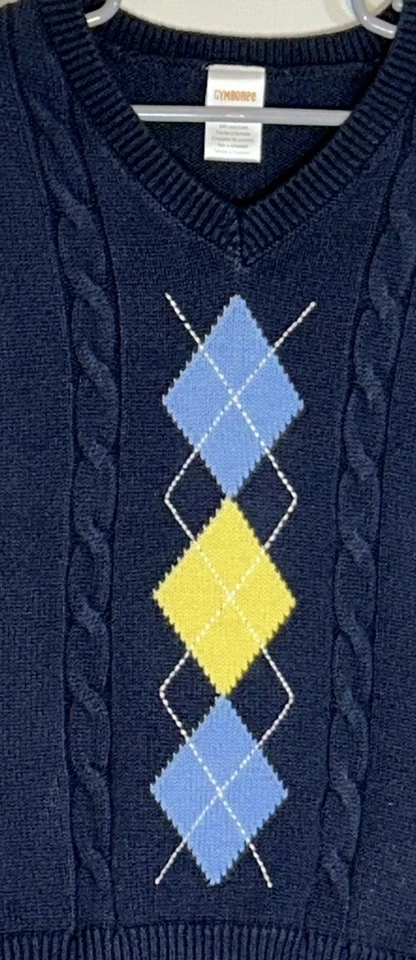 Gymboree Little Boy Sz 6 Sweater Vest Navy Blue V-Neck Light Blue/Yellow Argyle - Image 4 of 4