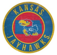Kansas Jayhawks 12 Inch Wood Sign Round State Design NEW NCAA Cave Wall