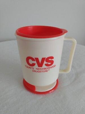 CVS DRUGSTORE TRAVEL CUP/MUG ~ Plastic, Orange Lettering, Lid & Stand