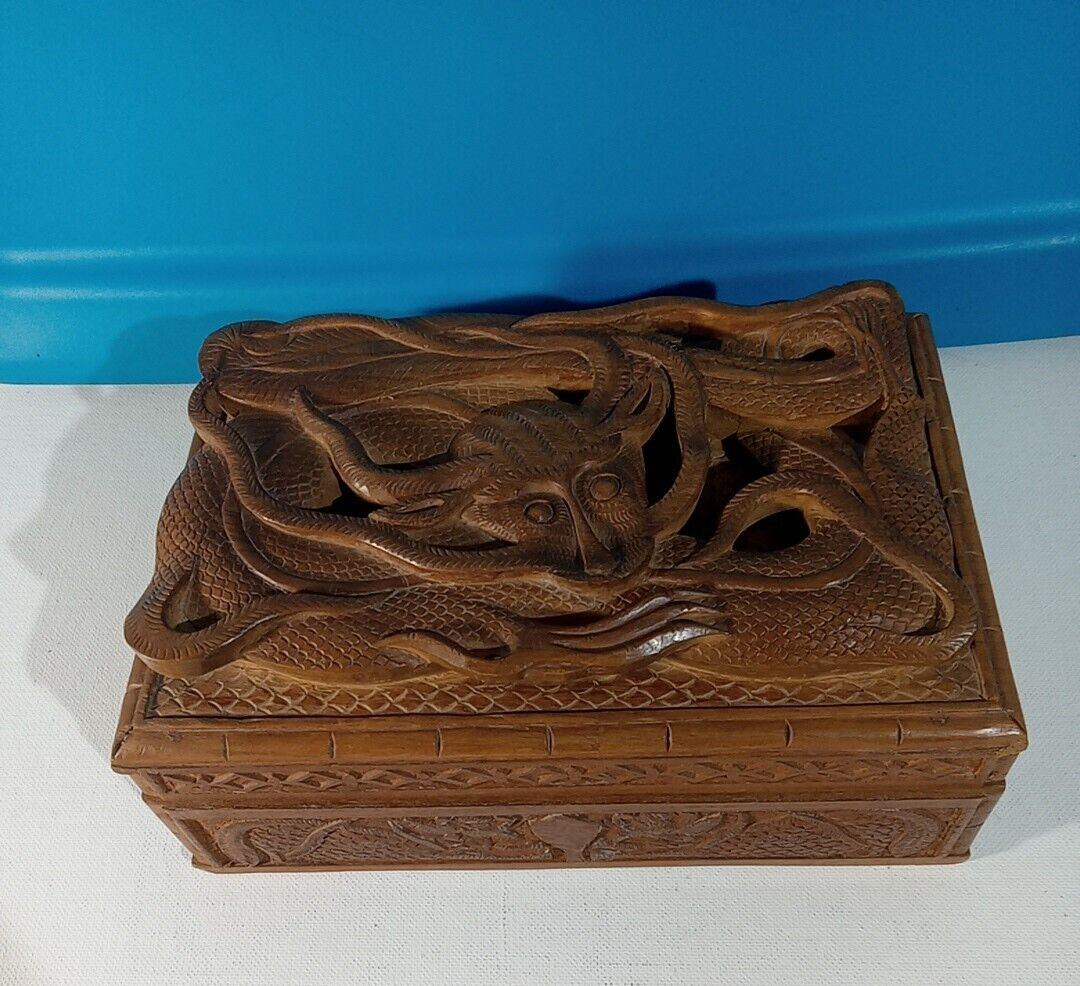 Antique CARVED WOOD DRAGON BOX Detailed