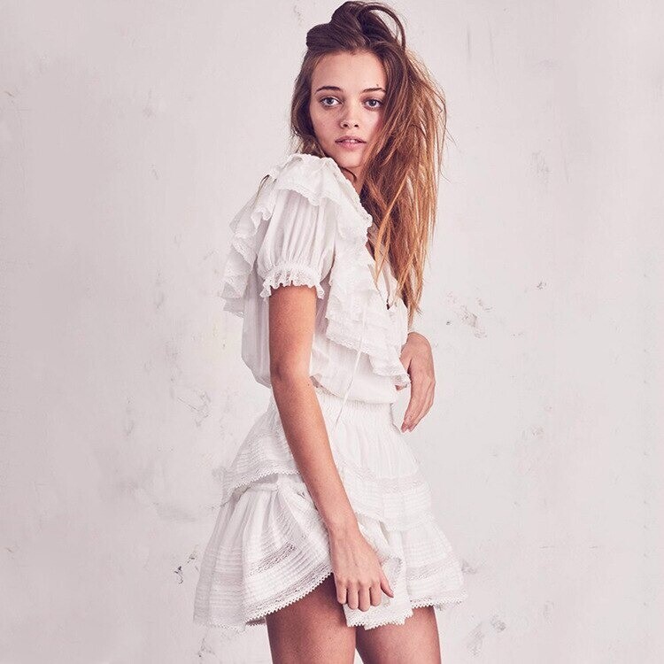 White Lace Ruffles Mini Dress Simple Hippie Elastic Waist Bohemian