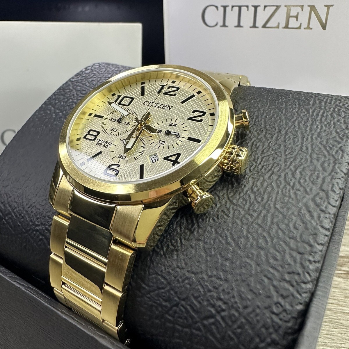 NEW✓ Citizen Chronograph Quartz Champagne Dial Gold Steel Men's