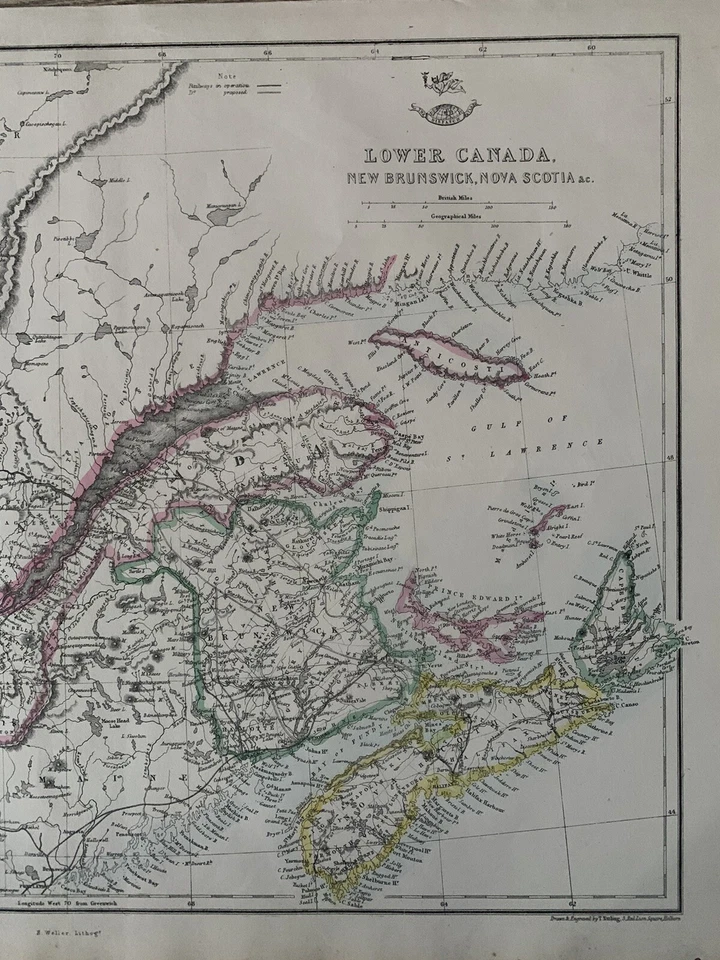 Mapa de envio semanal antigo colorido à mão original do Canadá inferior de 1863 - Imagem 3 de 3