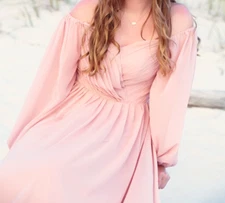 Pink Pastel Bridesmaid Beach Summer Formal Maxi Dress Long Sleeve Pleated A Line