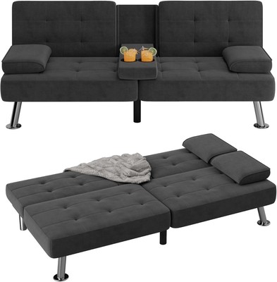 Folding Futon Sofa Bed Sleeper Sofa Couch with 2 Cup Holders for Living Room
