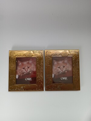 M.W. Carr Vintage Brass Cat Photo Picture Frame Mushrooms Flowers Fishbowl 5x6 