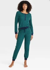 NWT~ Auden sz XS Women's 2 pc Pajama Set Thermal Jogger Pants Plaid green Navy