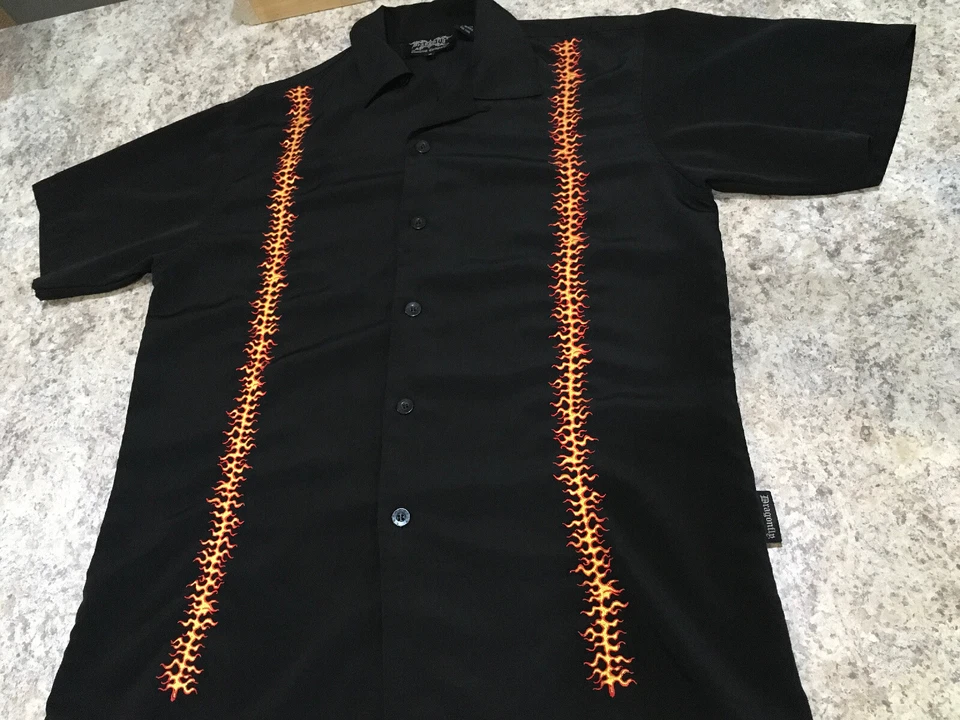 VINTAGE BOWLING SHIRT Dragonfly Mens Guy Fieri Rare Button Down Black M Flames - Image 3 of 4