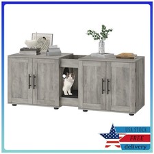 Double Litter Box Enclosure Hidden Cat Litter Furniture Storage Grooves, Grey