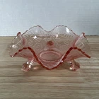 Pink Depression Glass Bowl 3 footed Floral Lead Design shape 6” Across Fenton?
