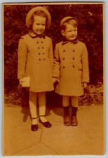 Vtg Color Snapshot Cute Brother Sister Matching Winter Coats Hats 1960s