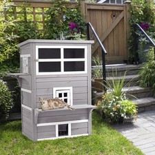 3-Story Cat House with Raised Floor, Escape Doors, Gray
