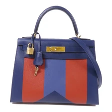 HERMES GHW Kelly 28 2 Way Shoulder Bag Epsom Clemence Leather Bleu Saphir