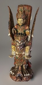 Large 24” wood Carved And Painted  Hindu deity Vishnu riding Garuda