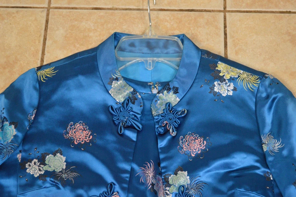 Traje de vestir vintage japonés asiático de 2 piezas para mujer azul satinado floral Foto 2 de 4