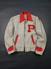 1950s Varsity Letterman Jacket Grey Red Wool Zip Mens Large