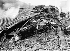 Smashed wooden carriages Sanyo Line express train after derailm- Japan Old Photo