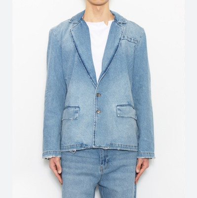 NWT   FLANEUR   COTTON DISTRESSED DENIM BLAZER LIGHT WASH SZ L