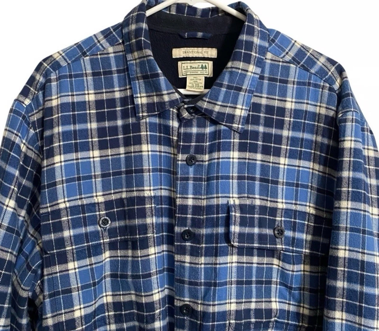LL Bean Shirt Jacket Traditional Fit Fleece Lined Blue White Flannel Plaid Sz. M