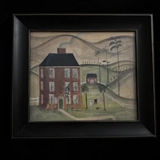 Vintage Kolene Spicher Folk Art Print Signed Red House Laundry Day Framed