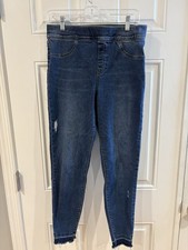 SPANX Denim Leggings Size Large Blue Distressed Hem Ankle Stretch Jeggings