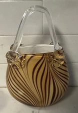 Decorative Murano Style Glass Purse Tiger Stripe Carmel and Brown 8”